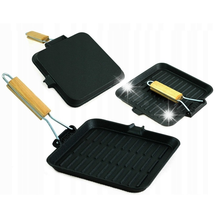 Krisberg öntöttvas grill serpenyő, 24x24cm, magas hőmérsékletnek ellenálló, összecsukható nyéllel, fekete