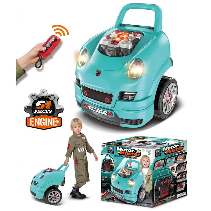 Set Reparatie Motor Auto Mecanic Rovo 977A, Sunete, Lumini, Telecomanda, Claxon, Schimbator viteze, 61 piese, 47cm
