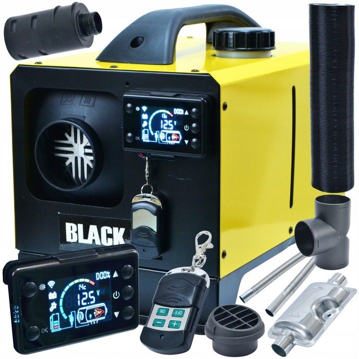 Fekete ipari hőlégfúvó 8 kW, AC 230V/50Hz és DC 12V tápellátás, méretei 250x410x310mm, teljes készlet távirányítóval