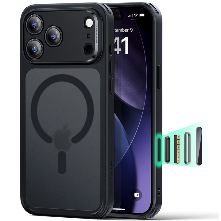 Защитен калъф ESR съвместим с Apple iPhone 17 Pro Max, Classic Hybrid HaloLock, съвместим с MagSafe, силикон, Черно-Прозрачен