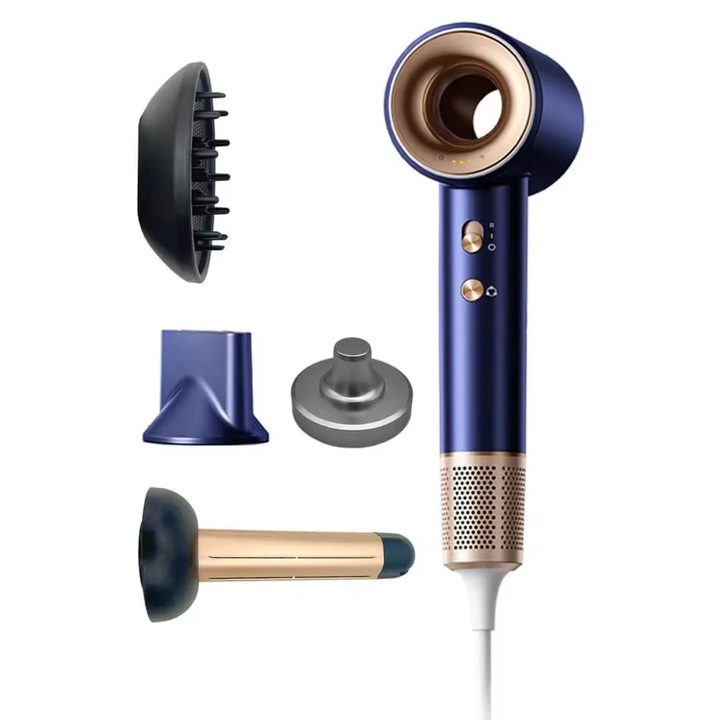 Професионален сешоар 3 в 1 LUNARIS, бързо сушене, ултра мощен, дигитален мотор, отрицателни йони, 4 температурни нива, 8 режима на сушене, интелигентен термо сензор, син с аксесоари