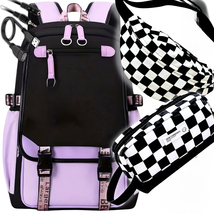 Virella iskolai hátizsák, USB, fekete/lila, tolltartóval és övtáskával