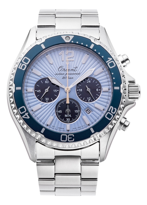 Ceas Orient Mako Solar Chronograph 75t Anniversary, mecanism quartz, bratara din inox, cadran albastru, rezistent la apa 20 ATM