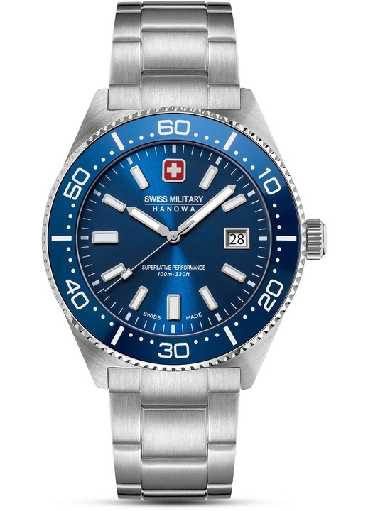 Férfi óra Swiss Military Hanowa Nomad, Ronda 515 kvarc, rozsdamentes acél szíj, kék számlap, 10 ATM vízálló