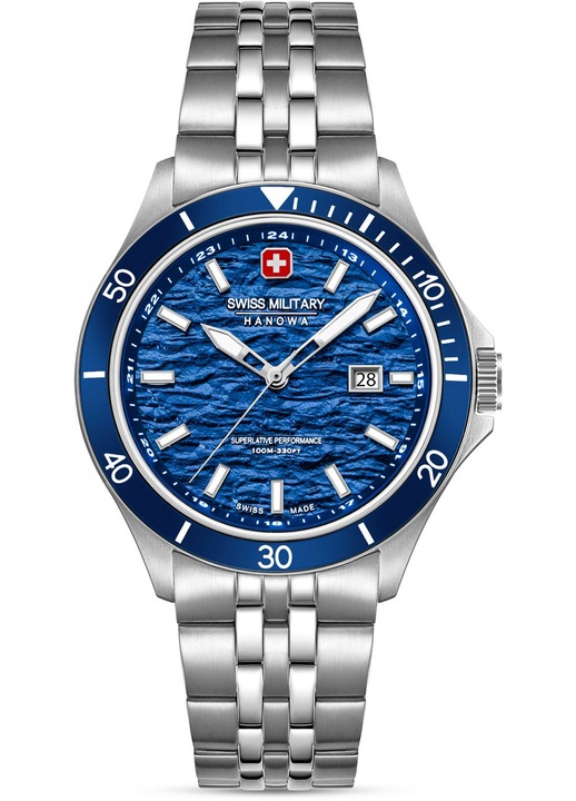 Swiss Military Hanowa óra, Ronda 505 kvarc szerkezettel, rozsdamentes acél szíjjal, kék számlappal, 10 ATM vízálló