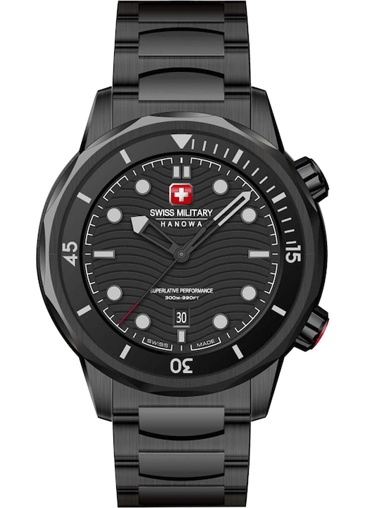 Férfi óra Swiss Military Hanowa Breakwater, kvarc, fekete, 30 ATM, rozsdamentes acél szíj
