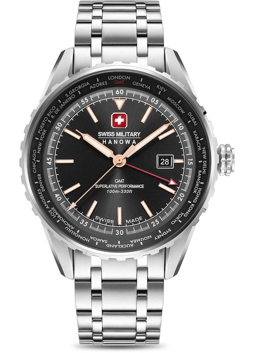 Ferfi ora Swiss Military Hanowa Afterburn GMT, kvarc Ronda 515.24H, 10 ATM, Ezüst