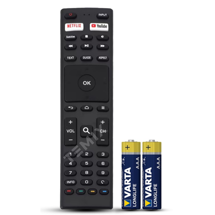 Telecomanda compatibila Hyundai, HY-TVS32HD-004, HY-TVS32HD-006, HY-TVS42FHD, HY-TVS50UH-001, HY-TVS55UH-004, butoane dedicate Yiutube, Netflix, TEMIX®, baterii incluse