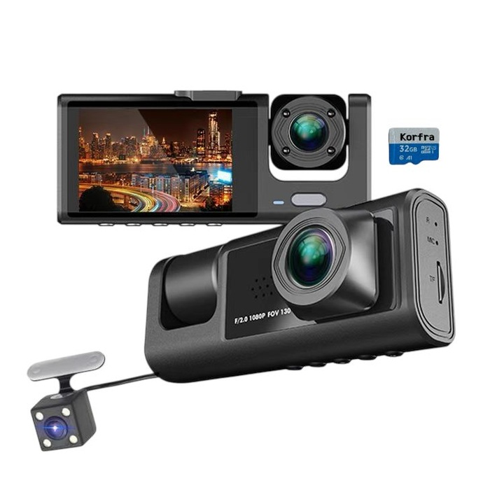 3 csatornás autós DVR kamera – Wi-Fi, Full HD 1080P, 2 hüvelykes kijelző, Éjjellátó, G-szenzor, Hátsó kamera mellékelve, 24/7 felvétel