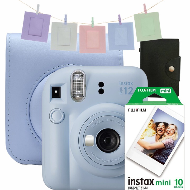 Фотоапарат за моментни снимки Fujifilm Instax Mini 12 Пастелно синьо + Чанта, Албум, Цветни рамки, Филм 1x10