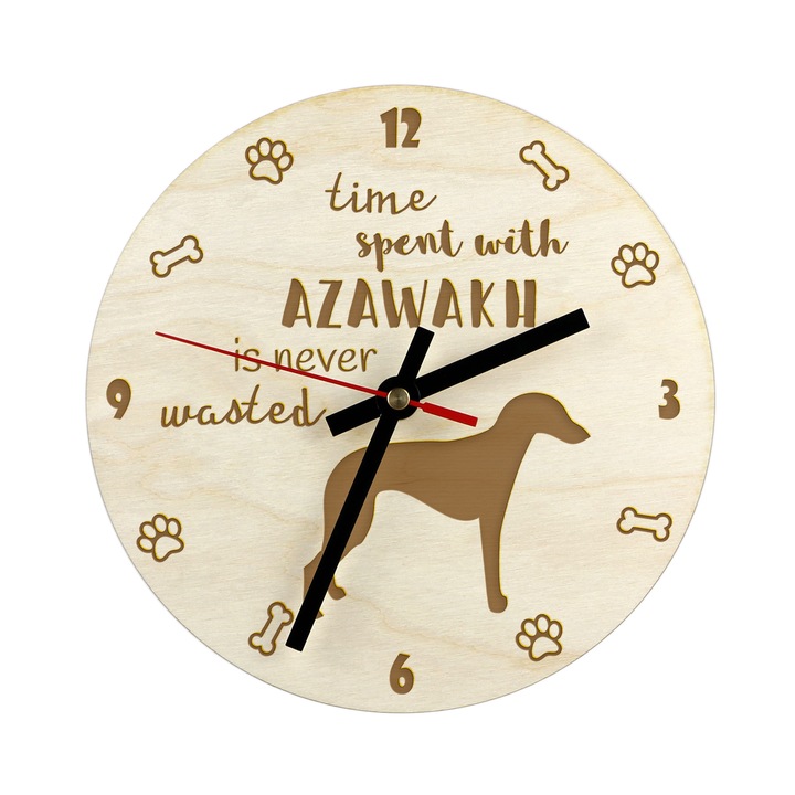 Ceas decorativ din placaj de mesteacan, personalizat, cu silueta cainelui Azawakh, diametru 20cm