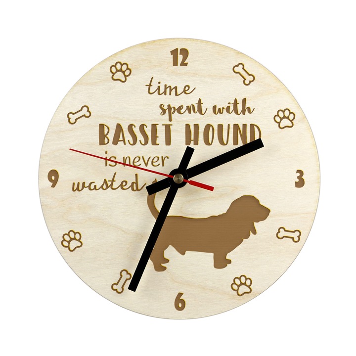 Ceas decorativ din placaj de mesteacan, Art-Dog, personalizat, cu silueta cainelui Basset Hound, diametru 20cm, set de asamblare
