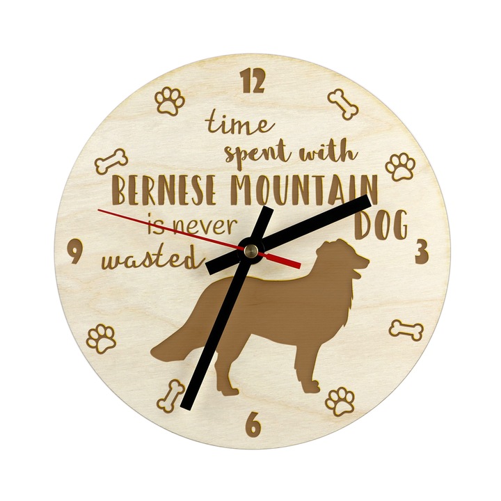 Ceas decorativ din lemn cu gravura, Art-Dog, personalizat, 20cm, cu silueta cainelui Bernese Mountain Dog
