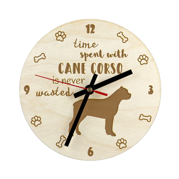 Ceas decorativ din lemn cu gravura, Art-Dog, personalizat, 20cm, pentru iubitorii de caini