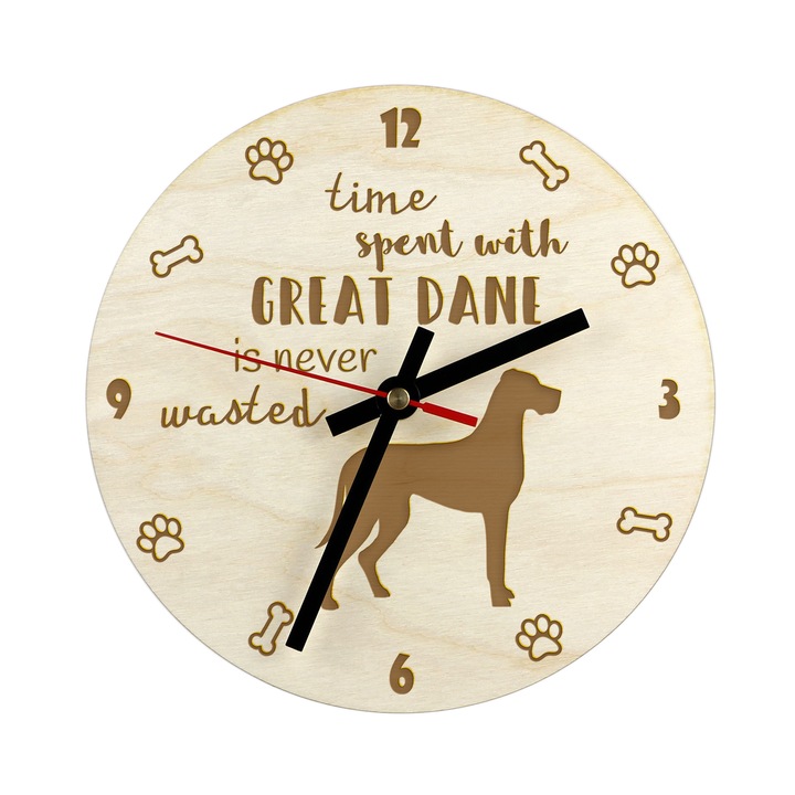 Ceas decorativ din placaj de mesteacan, Art-Dog, personalizat, cu silueta cainelui, 20cm
