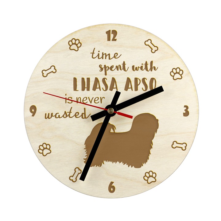 Ceas decorativ din placaj de mesteacan, Art-Dog, cu gravura caine, personalizat, diametru 20cm