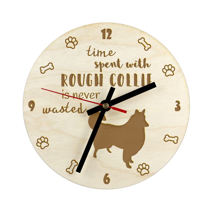 Ceas decorativ din lemn cu gravura, Art-Dog, personalizat, 20cm, cu silueta cainelui