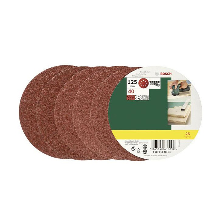 Set 25 discuri smirghel Bosch, 125 mm, K40, fixare Velcro, pentru lemn si vopsea