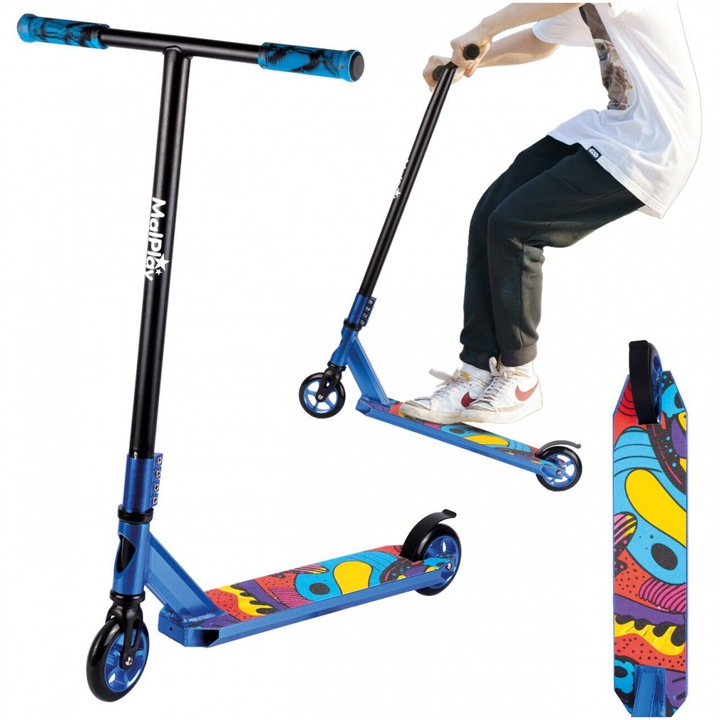 Trotineta de cascadorii Malplay, ideala pentru Freestyle si mers in parc, cu maner T-Bar intarit, rulmenti ABEC-9 si roti de 10.5 cm, material constructie aluminiu si otel, capacitate de pana la 100 kg, Blue