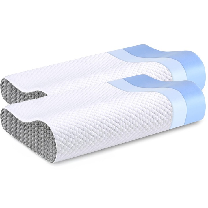 Set 2 perne ortopedice pentru dormit NextWave™, Spuma cu Memorie ergonomica pentru Gat si Suport Cervical, Husa lavabila, Ideala pentru dormitul lateral, stomac sau spate, Fermitate Medie, 60 x 40 cm
