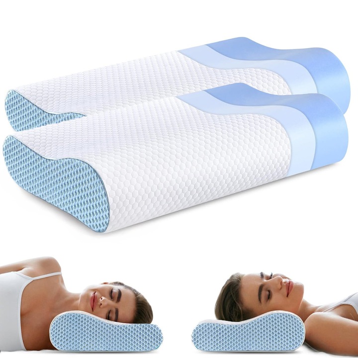 Комплект 2 ортопедични възглавници за спане NextWave™, Ергономична мемори пяна за врат и цервикална опора, Идеална за спане настрани, по корем или по гръб, Миещ се калъф, Средна твърдост, 60 x 40 см