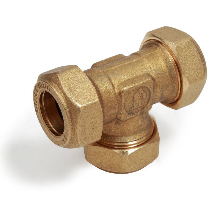 Teu compresie egal Giacomini R564Y009, diametru 22, alama, pentru tevi cupru, instalatii sanitare