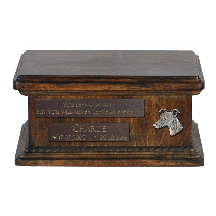 Urna peste pentru prochii de caine Whippet, Art-Dog, personalizata cu grawer, 21x29x11cm, din lemn de mesteacan