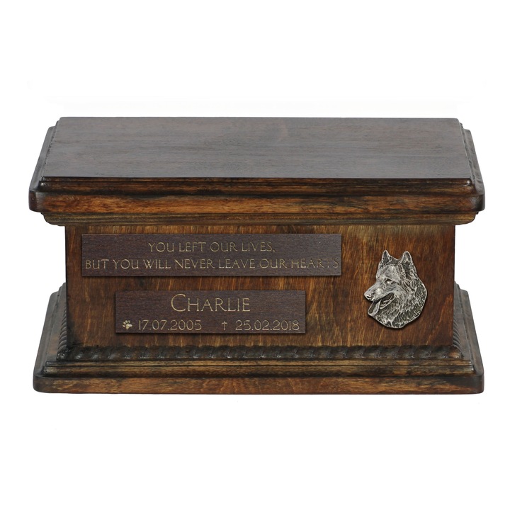 Дървена урна за пепел на куче, Арт-Дог, персонализирана с гравиране, 21x29x11см, капацитет за животни до 45кг