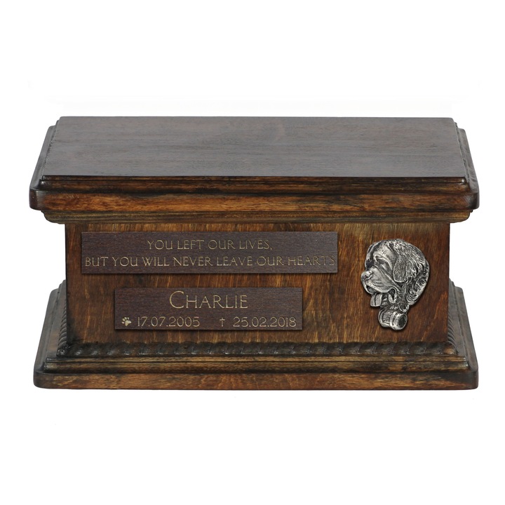 Urna pe care se pot pune cenusa cainelui, Bernardyn, personalizata cu grawer, 21x29x11cm, din lemn de mesteacan, pentru animale pana la 45 kg