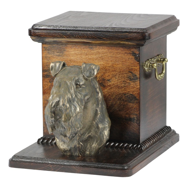 Urna pentru cenusa cu statueta Kerry Blue Terrier, Art-Dog, 22x19x19cm, din lemn de mesteacan, pentru animale pana la 60 kg
