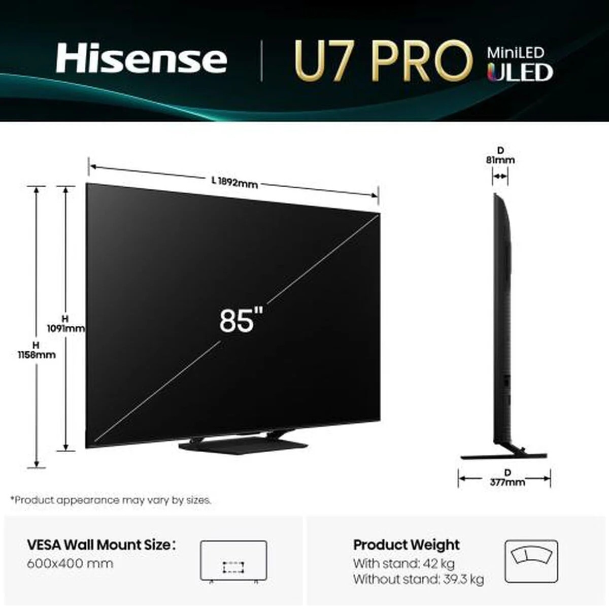 Televizor Smart 85" Hisense 4K Ultra HD LED HDR, Negru, 215.9 cm