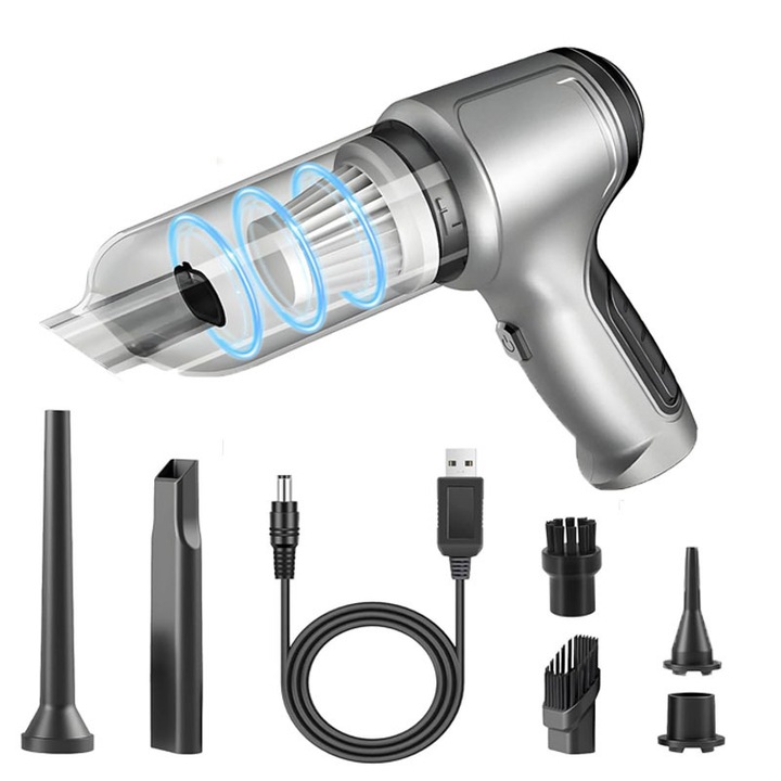 Kézi porszívó, Rqiurpn, 3 az 1-ben, Hordozható, Sebesség, Töltés-indítás érzékelő, 6000Pa, Otthoni/autós/irodai használatra, Ezüst