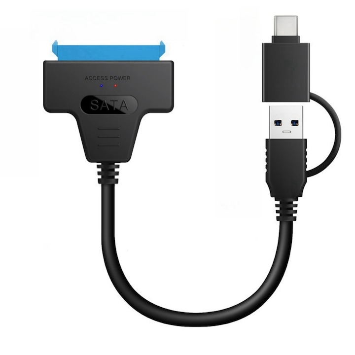 HCUSR SATA – USB 3.0/Type-C adapter DC tápcsatlakozóval 2,5" HDD/SSD-hez, rövid kábel 30 cm, UASP, 450 MB/s