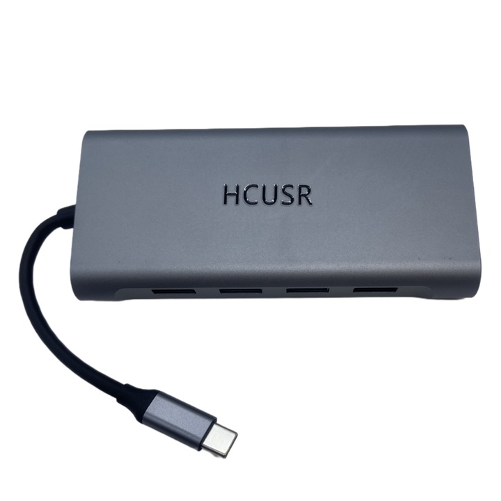 Hub USB-C 11 in 1 HCUSR, 4xUSB 3.0, HDMI 4K, VGA, RJ45 100Mbps, cititor SD/TF, audio 3.5mm, incarcare PD 100W