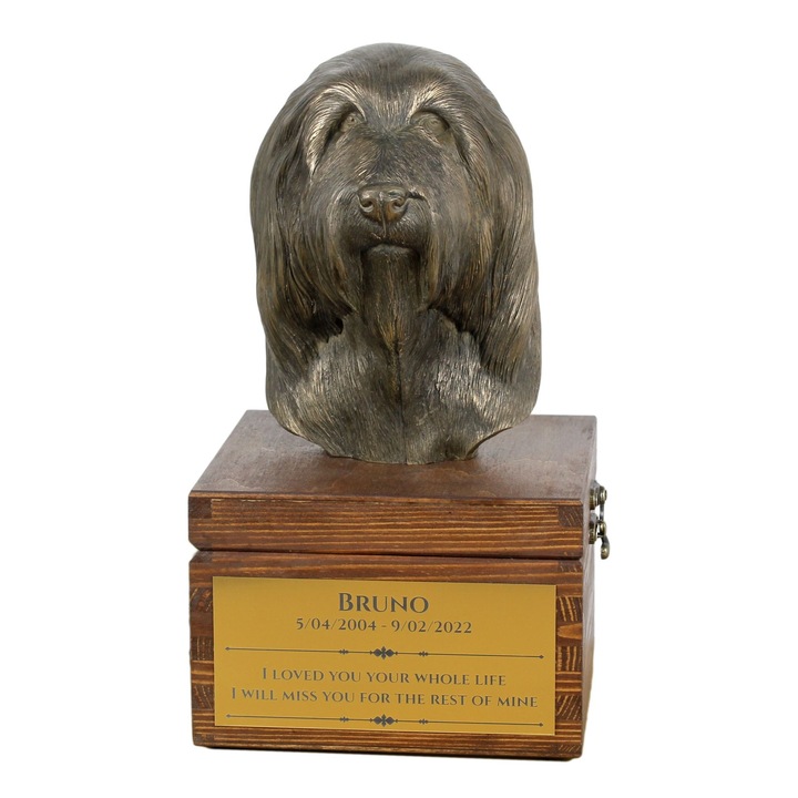 Urna pentru cenusa cu statueta, personalizata, din lemn de pin, 11x16x16cm, pentru caini pana la 43 kg