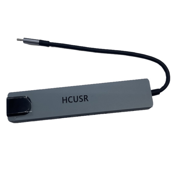 Хъб USB-C 8 в 1 HCUSR, HDMI 4K, Ethernet, SD/TF, USB 3.0/2.0, PD 100W, алуминий, компактен
