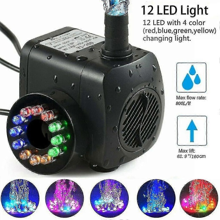Pompa submersibila cu LED, 140GPH, 12 lumini colorate, control flux apa, decorare gradina, acvariu