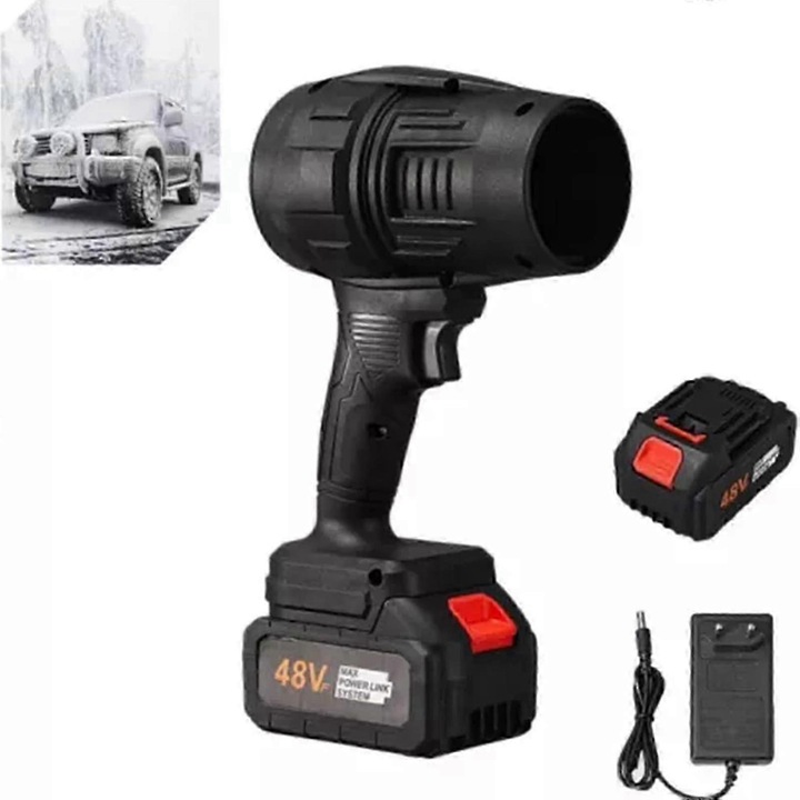 Турбо Jet въздуходувка, безжична, 500W, 48V, черен, червен, син, 22x14.5x8.5см, комплект с 5 литиеви батерии и зарядно устройство