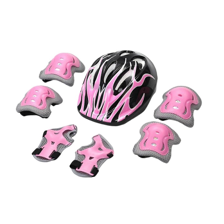 Set 7 Piese Casca si Protectii Genunchi, Cot si Mana pentru Copii, Roz, 53x55cm