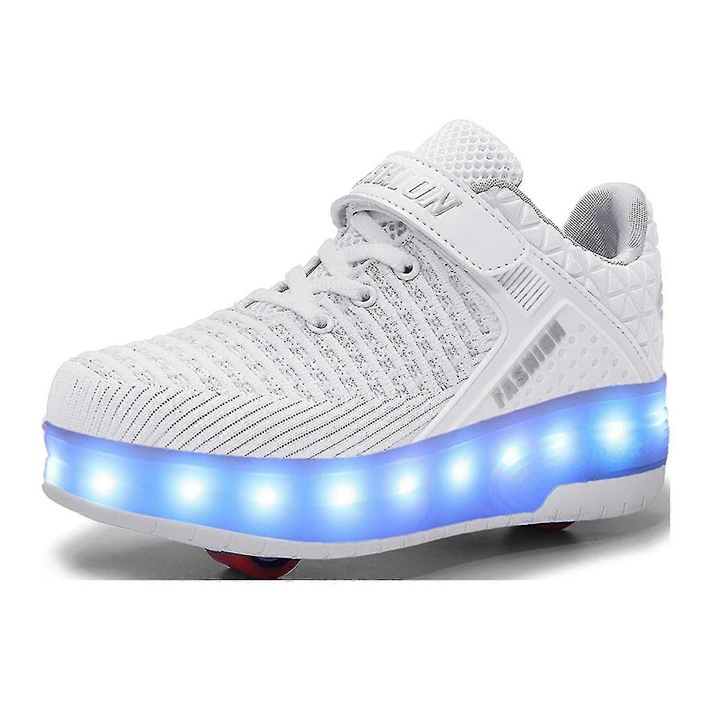 Gyermek görkorcsolya, LED, USB töltés, fehér, 36-os méret