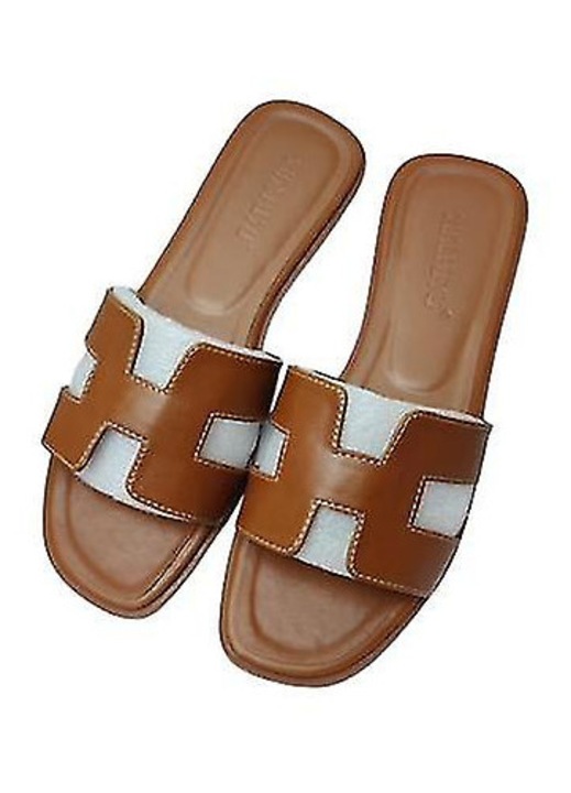 Strandpapucs, barna, lapos talpú, bőr, 43 EU