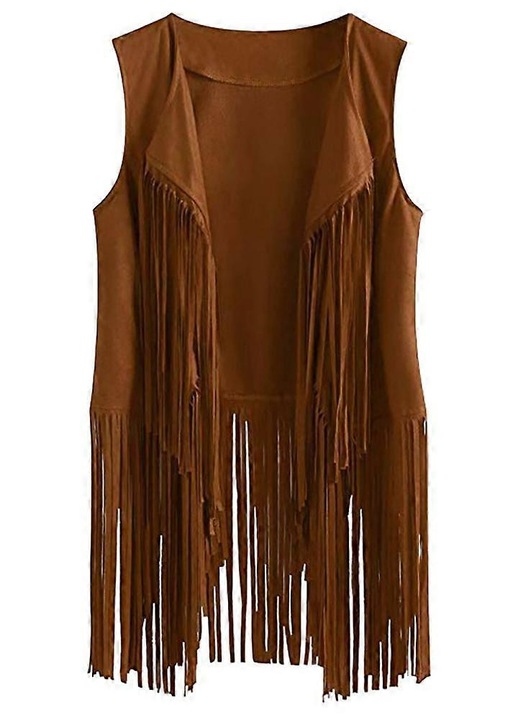 Vesta din piele intoarsa cu franjuri pentru femei, maro, material moale, XL INTL