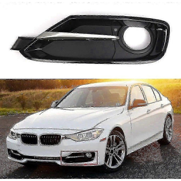 Grila de protectie pentru faruri de ceata BMW 3 Series F30 F31 2011-2017, cu detalii cromate, dimensiuni 5.2x14.5x53cm