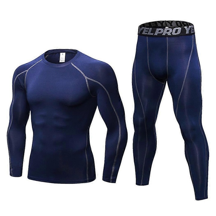 Set sportiv barbatesc, colanti, guler rotund, maneca lunga, poliester/bumbac/spandex, bleumarin, L INTL