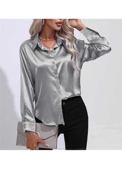 Női blúz, ezüstszürke, szatén, műselyem ujjú, 2XL INTL