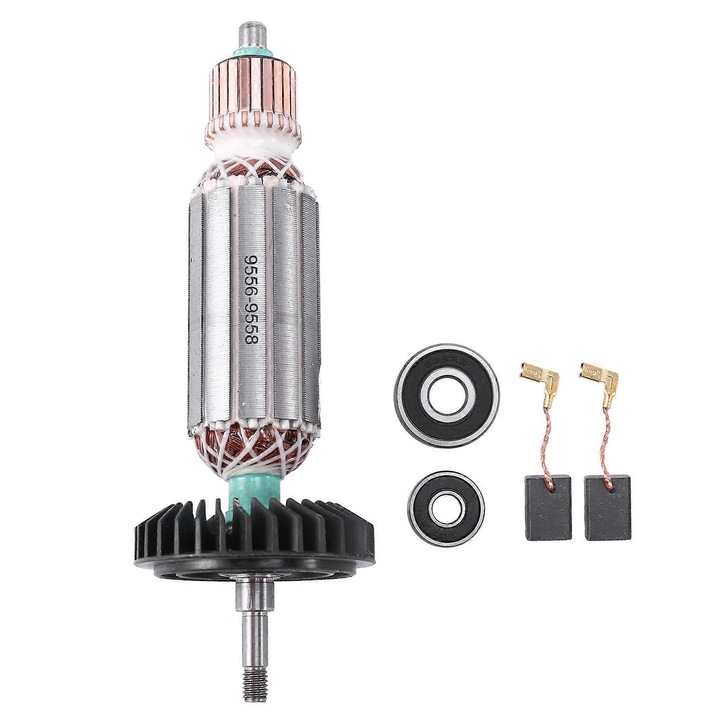 Rotor pentru polizor Makita 9556 9557 9558, metal, argintiu, set 1 rotor, 2 rulmenti, 2 perii de carbon