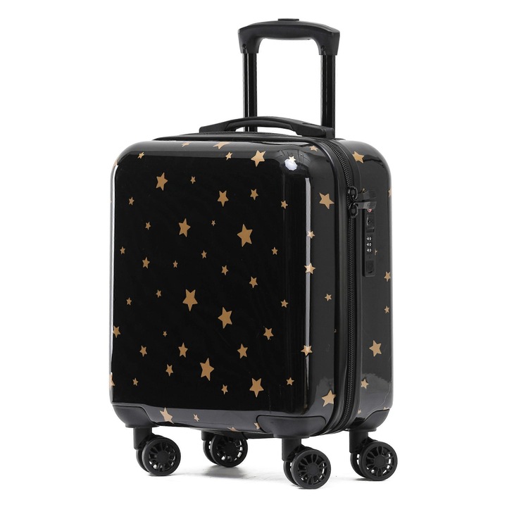 Troler cabina, 45x36x20cm, neagra cu stele aurii, rezistenta la apa si zgarieturi, cu manere telescopice