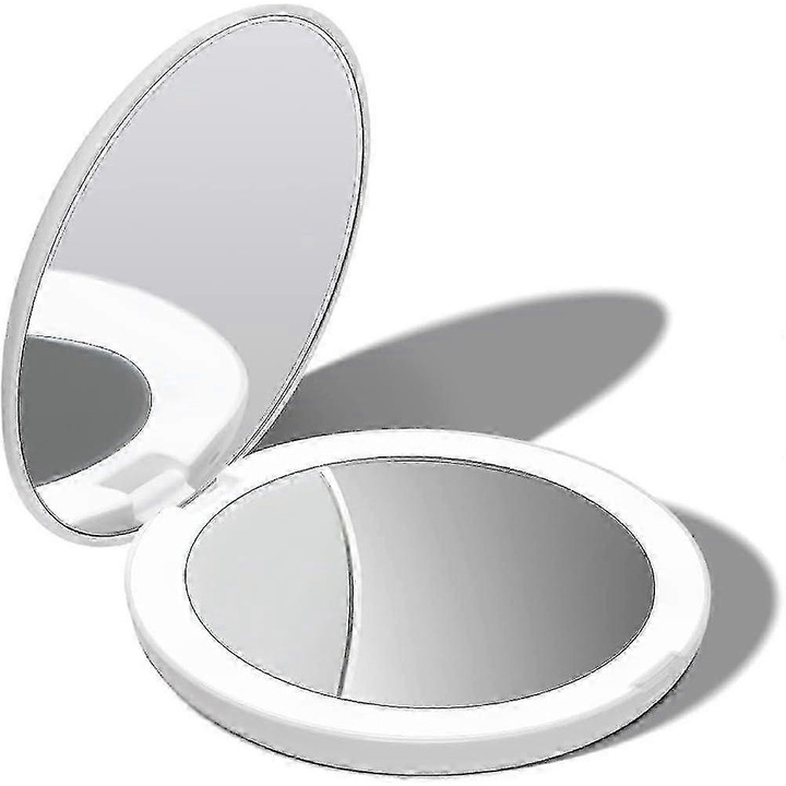 Oglinda cosmetica compacta cu iluminare LED, 1x/10x marire, finisaj roz aurit, portabila