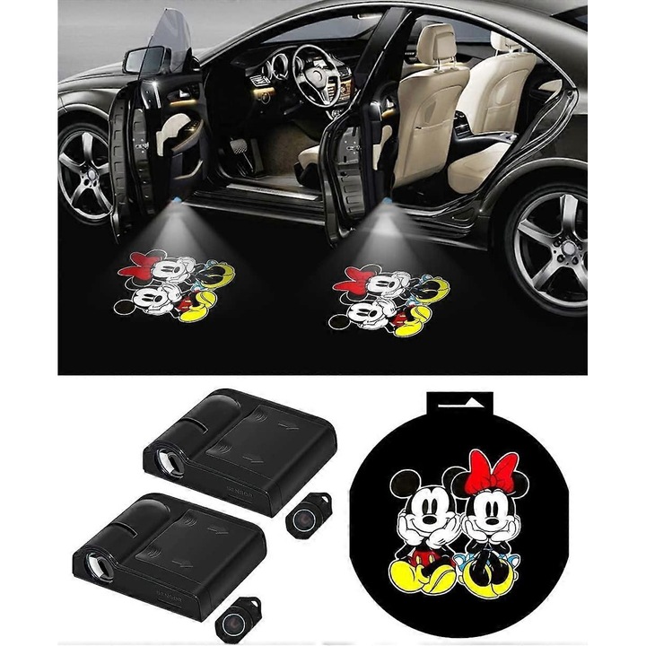 Set 2 Proiectoare pentru Usi Auto, Iluminare Logo, Montare Usoara, Functie Automata, model mickey mouse