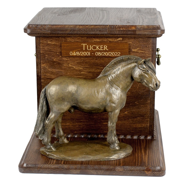 Urna pentru cenusa de cal cu statueta, personalizata, din lemn de mesteacan, 28x30x26cm, Art-Dog